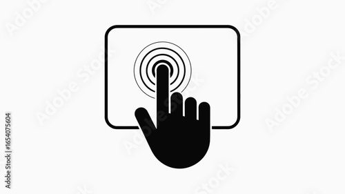 A black and white illustration of a hand touching a screen with concentric circles on the screen area