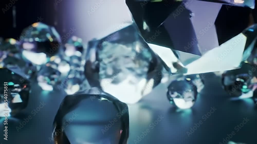 Abstract composition with blue-tinted geometric gems resting on a reflective surface Abstract composition with blue-tinted geometric gems resting on a reflective surface
