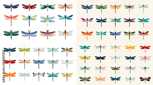 Vibrant watercolor dragonfly collection showcasing colorful wings and natural beauty. Perfect for nature design, entomology art, and decorative illustration projects.
