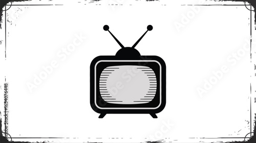 A black and white illustration of a retro television set with visible antenna and screen lines