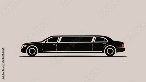 A sleek black limousine with elongated body and tinted windows parked on a neutral background surface