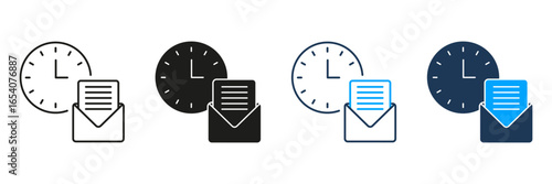 Clock And Email Line And Solid Icon Set. Scheduled Email Delivery And Time Management Symbol Collection. Efficient Communication And Task Planning. Isolated Vector Illustration