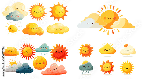Adorable weather clipart with smiling suns and fluffy clouds in watercolor style. Perfect for children’s illustrations, weather forecast icons, and cheerful seasonal designs