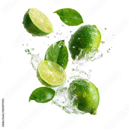 Limes and leaves splashing in water, vibrant green citrus fruit