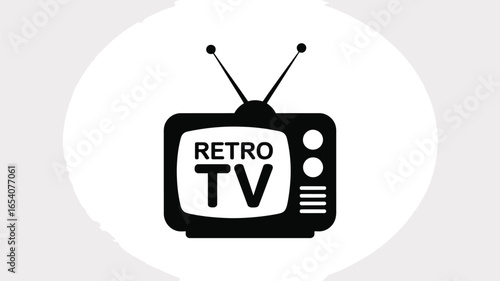 A black and white illustration of a retro television set with antenna on a white background circle
