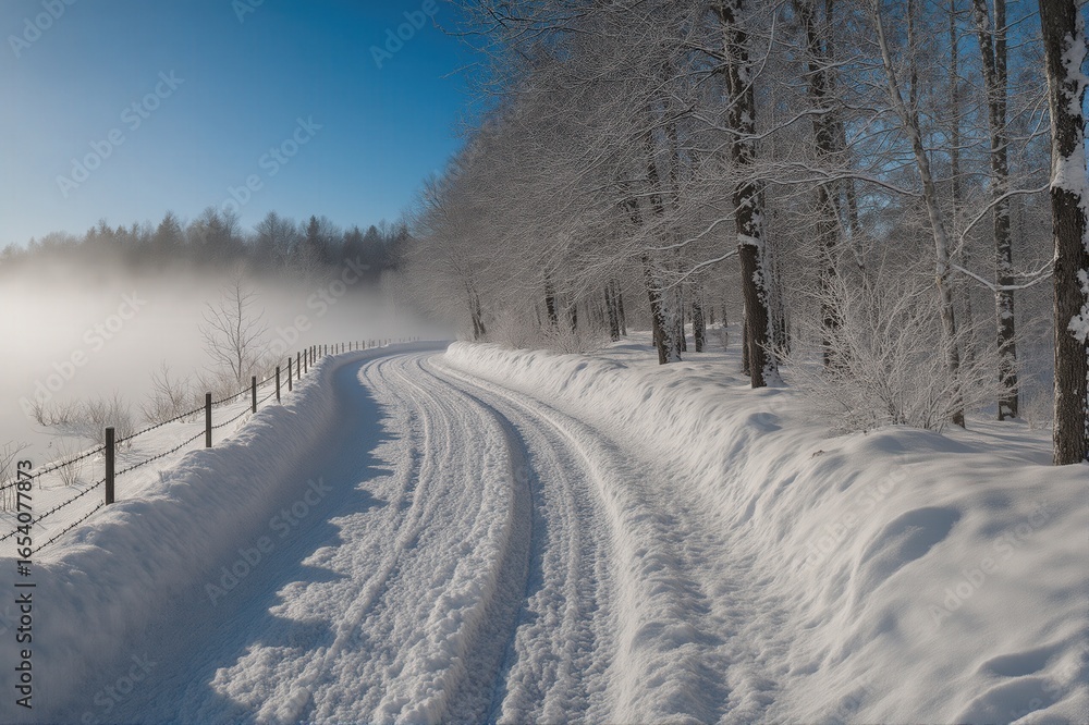 Obraz premium Snowy Road Through a Winter Forest with Foggy Horizon