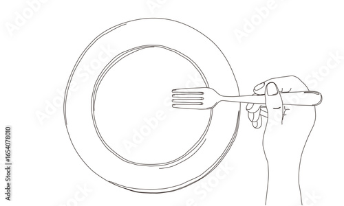Hand holding a fork with a blank dish plate. Top view. Simple line art. Rough hand drawn vector illustration.