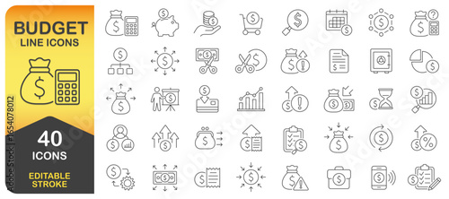 Budget and Money Line Icon Set. Editable Stroke Line . Personal Budget Finance Thin Line Icon Collection. Budget, Savings, Expense, Income, Loan, Dollar. Isolated Vector Illustration Image.