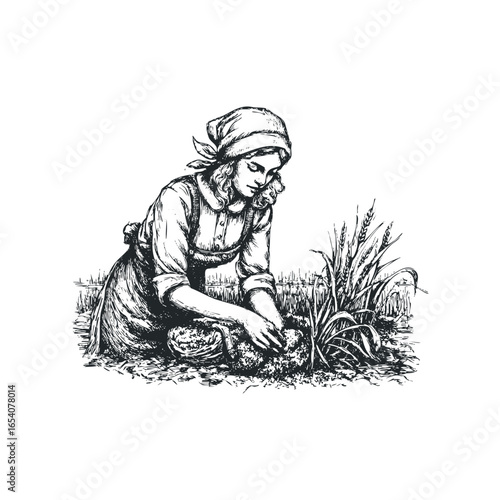 Vintage sketch of a farm woman harvesting grain by hand