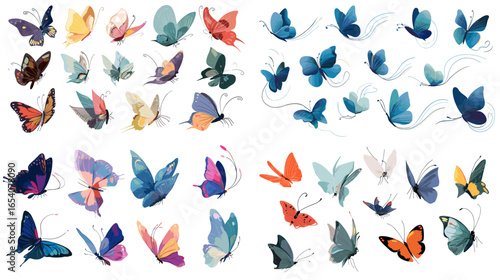 Dynamic butterfly illustration set with flying motion and vibrant colors. Perfect for wallpaper, fashion prints, packaging design, or nature-inspired digital artwork projects.