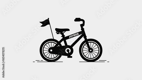 A black silhouette of a child's bicycle with a flag and the word joyride on the frame design image