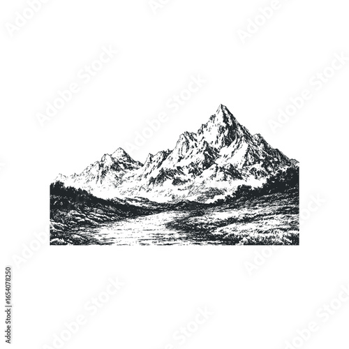 Detailed monochrome sketch of rugged snow-capped mountain peaks and a serene valley