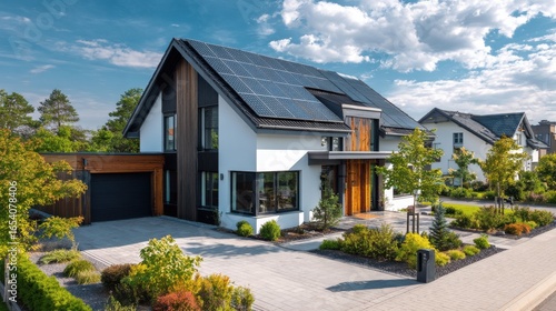 High definition photo of new modern eco friendly passive house with a photovoltaic system on the roof and landscaped yard. Solar panels on the gable roof.