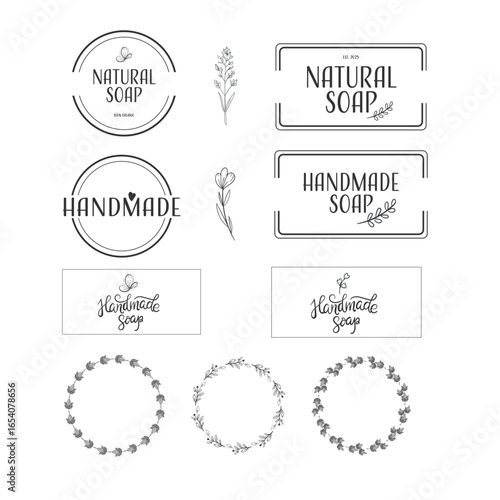 Handmade and natural soap vector labels with floral wreaths