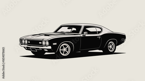 A black and white illustration of a classic muscle car with detailed features and a sleek design