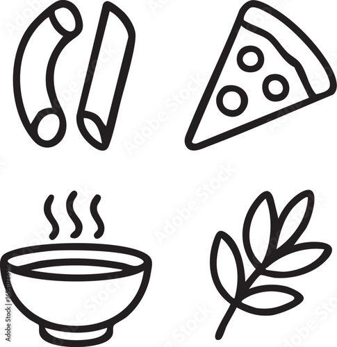 Four food-related line art illustrations: pasta, pizza, soup, and olive branch.
