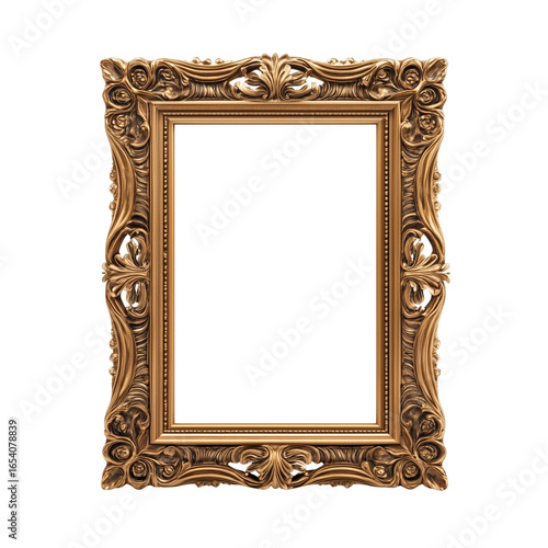  stylish gallery wall with assorted ornate gold frames arranged symmetrically on transparent png background. Ai generated