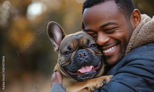 Wallpaper Mural Black man cuddling his happy French Bulldog outdoors in the park. Young African American pet owner  his Frenchie dog during a walk in nature, Generative AI Torontodigital.ca