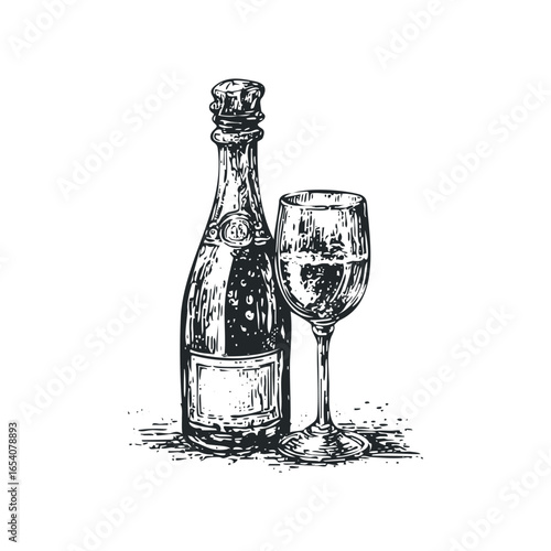 Sketch of a bottle and glass of bubbly beverage