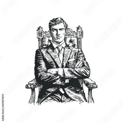 Man in formal suit sitting in ornate chair with arms crossed
