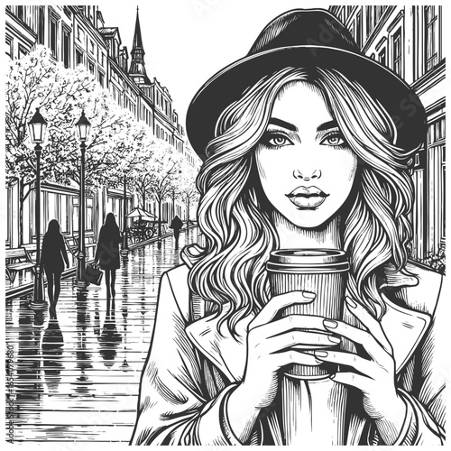 fashionable woman with long hair and hat holding coffee on a rainy urban street sketch engraving generative ai fictional character vector illustration. Scratch board imitation. Black and white image.