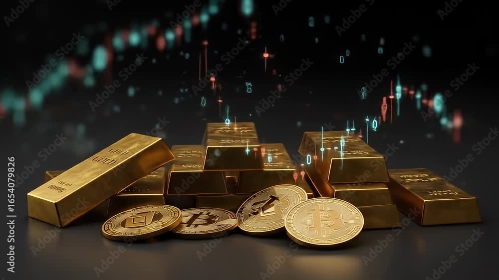 Gold bullion and crypto coins sit, digital chart background, dark neutral