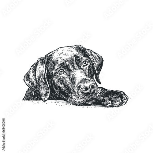 Detailed pen sketch of a black labrador retriever head resting on paws.
