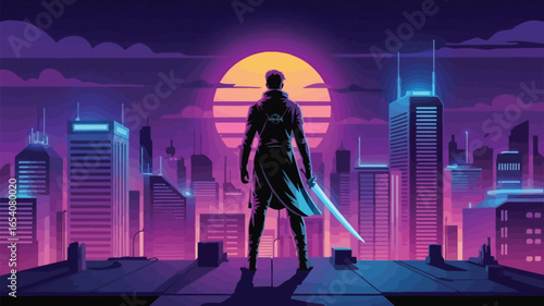 Cyberpunk Samurai Over Neon City at Sunset, Futuristic Vector Illustration


