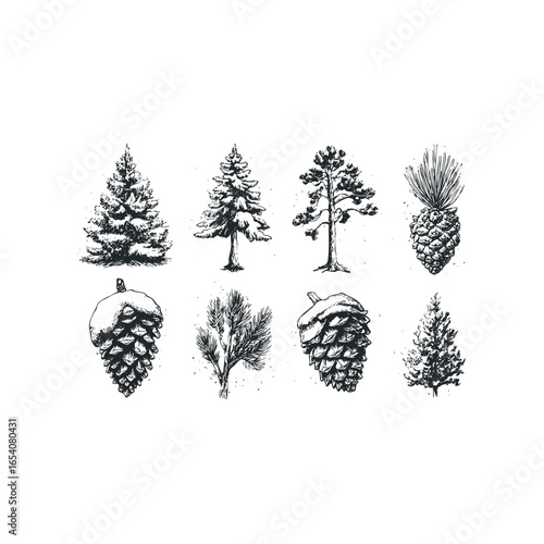 Collection of hand-drawn coniferous trees and pine cones