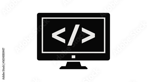 A black and white illustration of a computer monitor displaying html coding symbols on the screen
