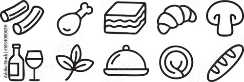 A collection of ten black and white line art icons representing various food and drink items.