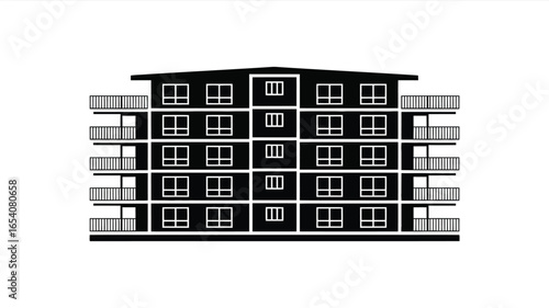 A black and white illustration of a building with balconies and many windows on a white background