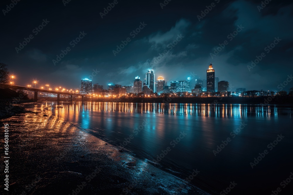 Fototapeta premium City skyline reflected on a river at night