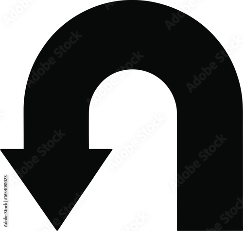 A bold black u turn arrow pointing downwards on a white background indicating direction reversal path