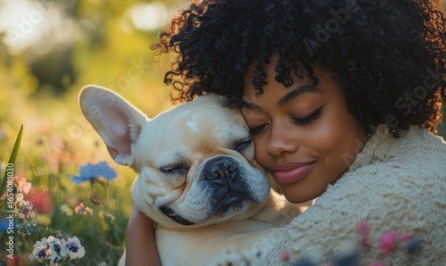 Wallpaper Mural Young mixed-race black woman cuddling her French Bulldog in a flowery park. Candid moment in nature with a pet dog, Generative AI Torontodigital.ca