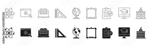 Education And Learning Tools Line And Solid Icon Set. Academic, Online Learning, And School Symbol Collection. Science, Technology, Knowledge. Isolated Vector Illustration