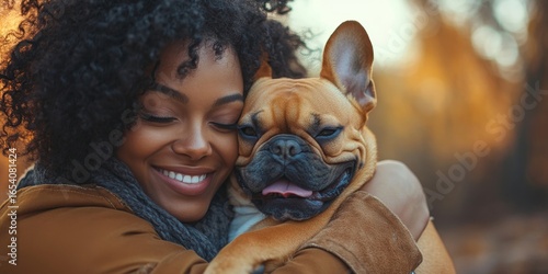 Happy mixed-race black woman cuddling a brown dog outdoors. Smiling African American pet owner hugging her cute French Bulldog while on a dog walk, Generative AI