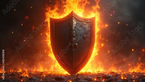 Fiery shield protection against overwhelming heat, flames. Medieval metal guard exhibits invincible strength, power. Robust fortress emblem endures blazing inferno, representing security, defense,