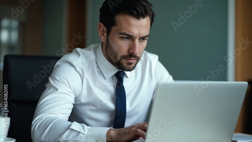 A man in a white dress shirt and tie is typing on a laptop.