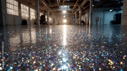 Sparkling reflections: a glittery industrial floor in a vast space enhanced