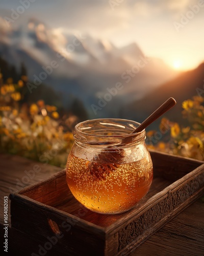 Honey Jar With Glitter At Golden Hour Mountain View