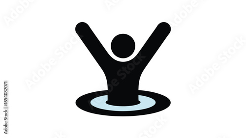A stylized black silhouette of a person emerging from a circular hole with arms raised upward high