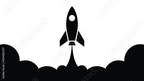 A black and white illustration of a rocket taking off with smoke clouds on a white background
