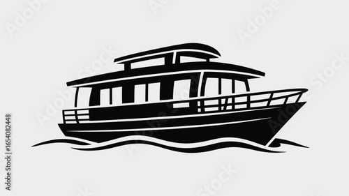 A black and white graphic illustration of a two story boat on the water with waves underneath it