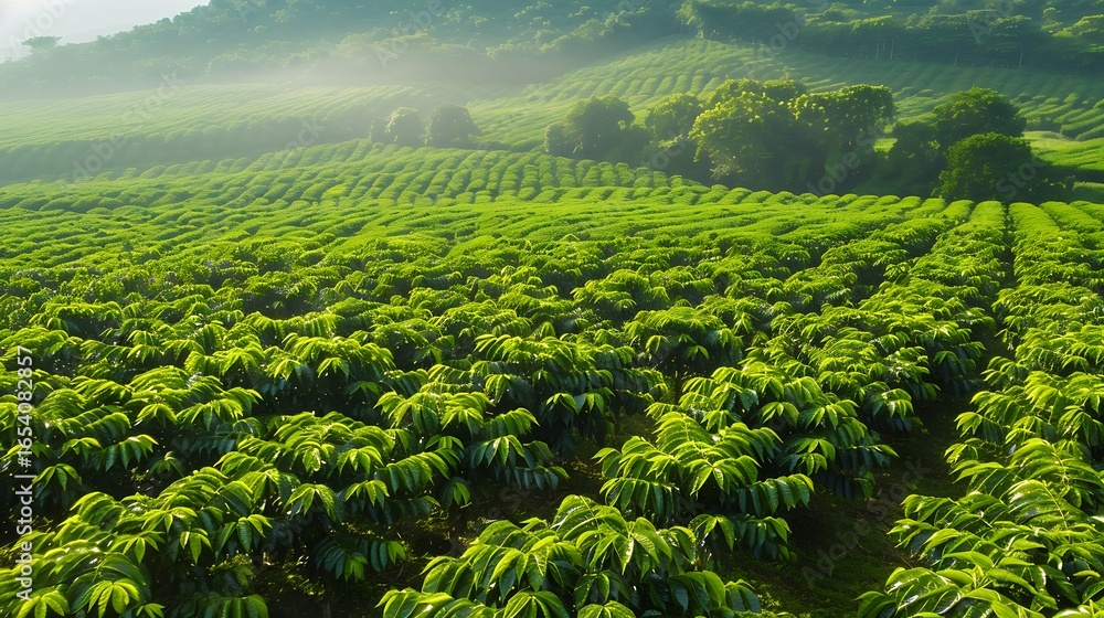 Fototapeta premium Lush green coffee plantation under morning sunlight