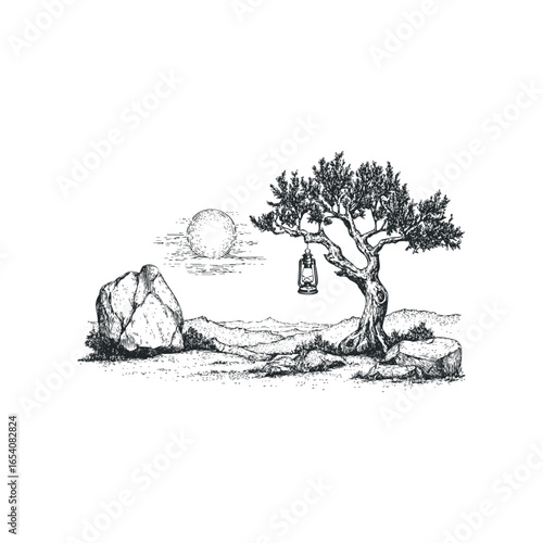 Tree with hanging lantern and large rock under a textured moon