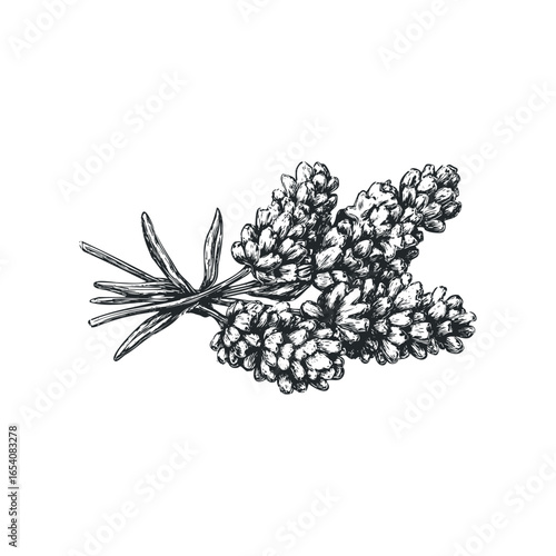 Detailed sketch of lavender sprigs with leaves and buds
