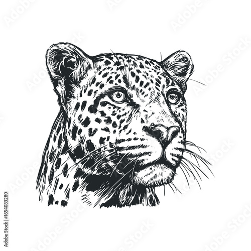 Black ink sketch of a leopard's head and shoulders looking to the side