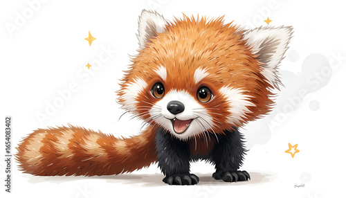 Adorable red panda cub illustration smiling sweetly, perfect for children's books and animal-themed designs