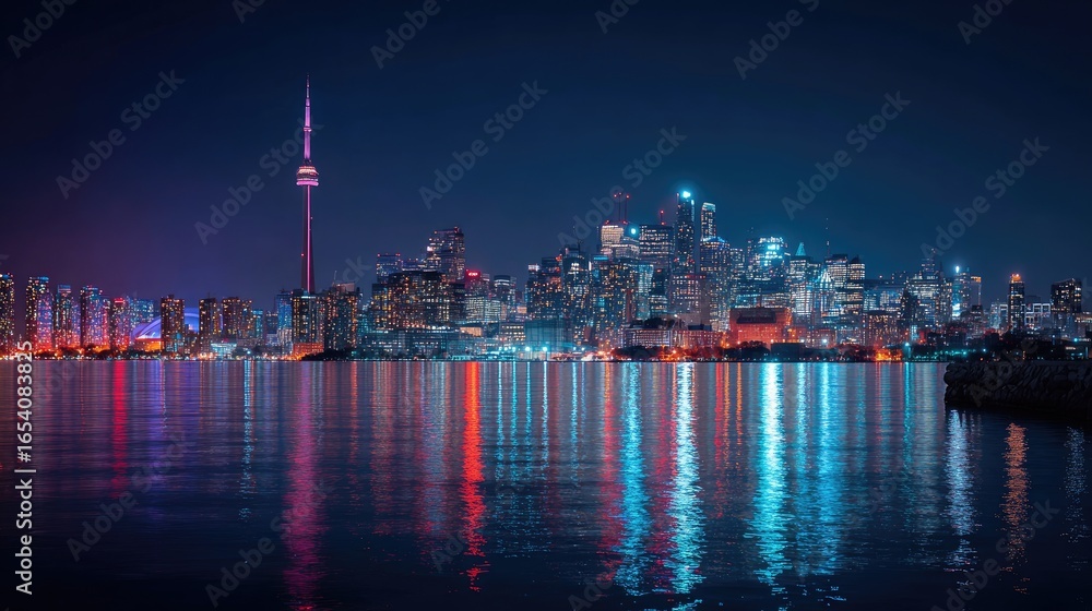 Fototapeta premium Vibrant night cityscape reflecting on water